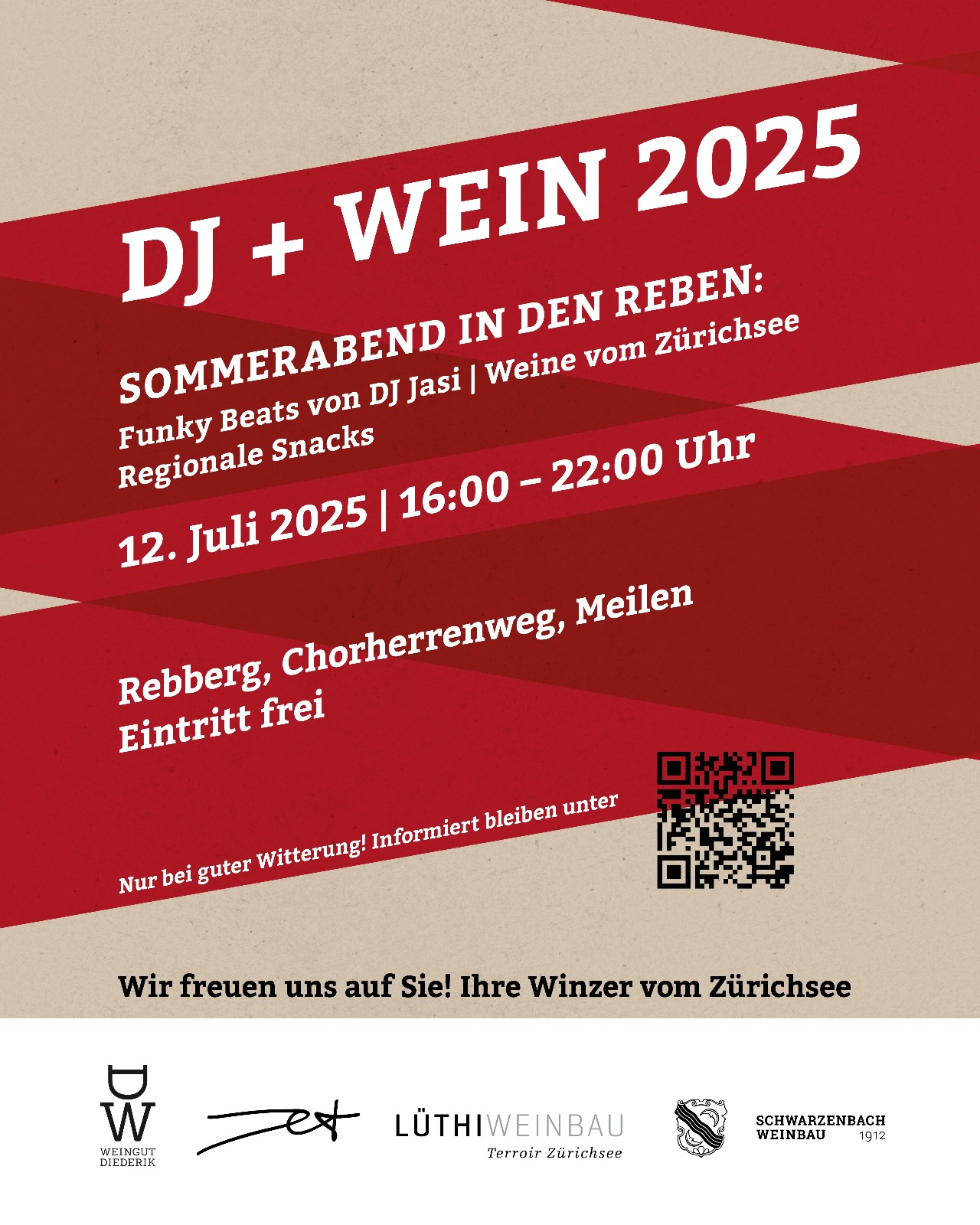 DJ + Wein 2025 - Ein Sommerabend in den Reben 12. Juli 2025 Weingut Diederik, Schwarzenbach Weinbau, Lüthi Weinbau, Jet Wein